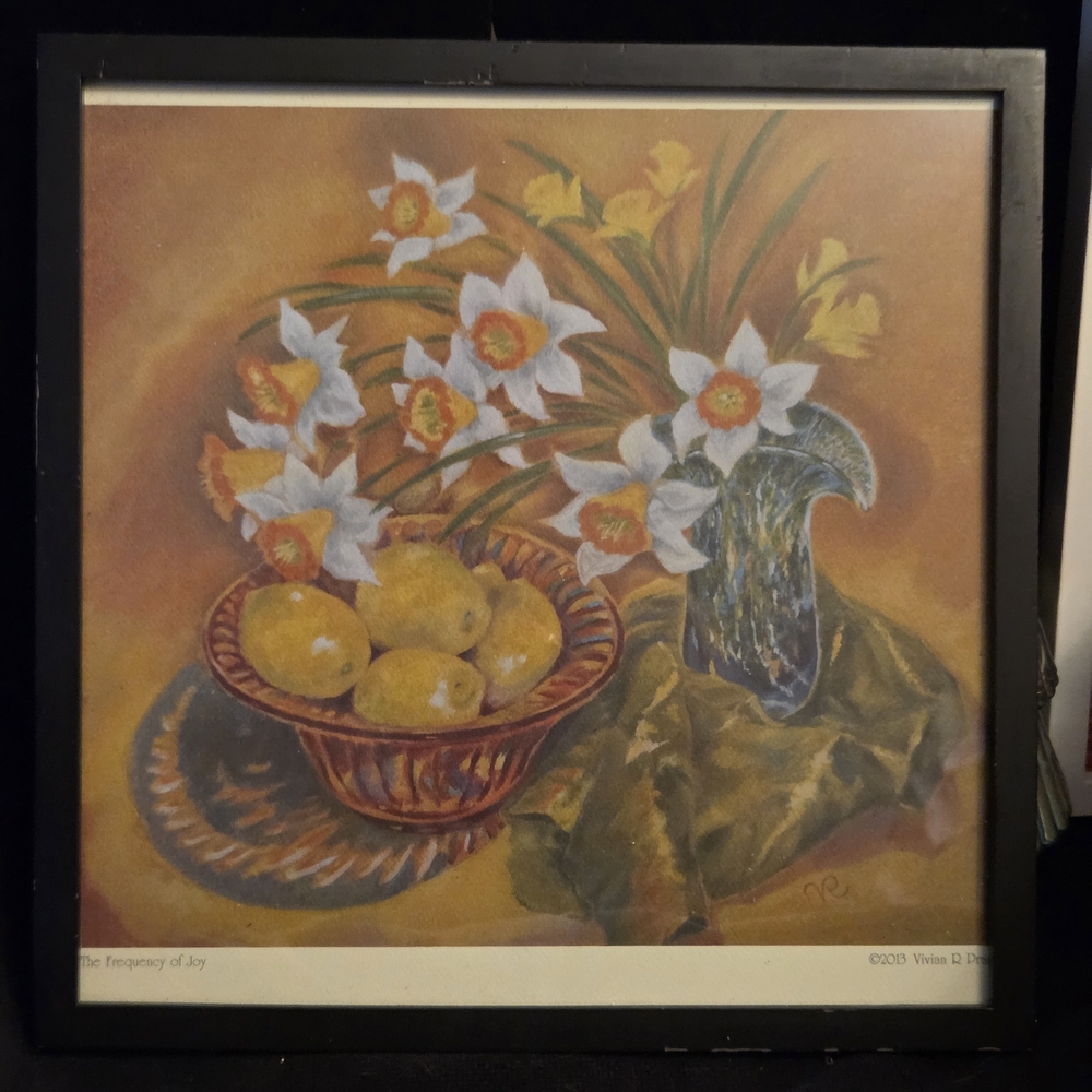 Vibrant Floral Art Print with Lemons And Daffodils in Black Frame 10x10